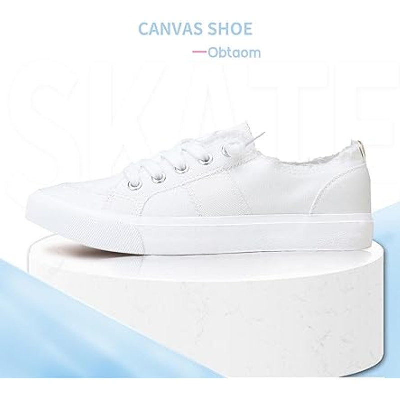 Obtaom Womens Size 9 White Canvas Slip On Lace Up Rough Edge Sneaker Shoes