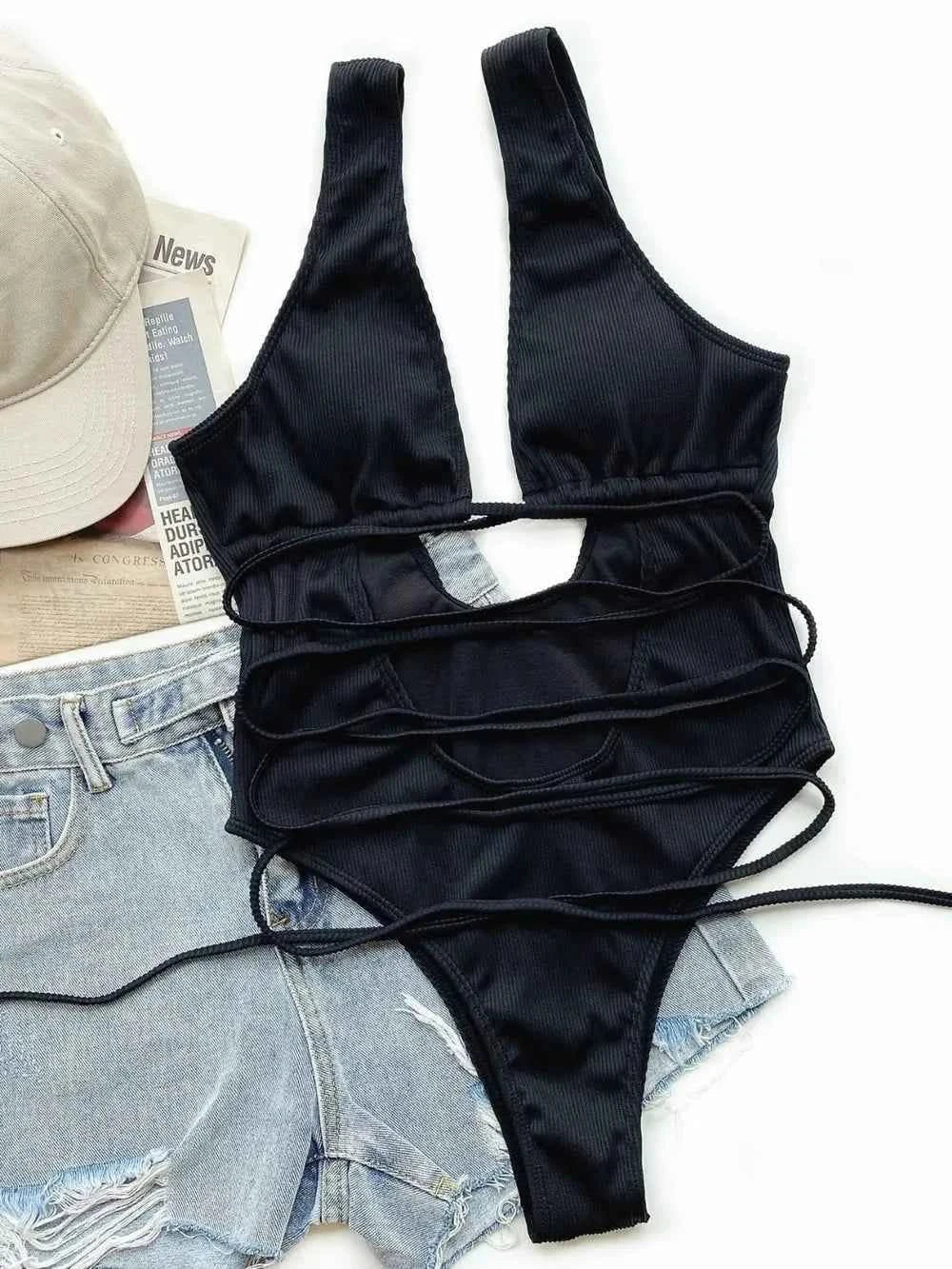 Ribbed Lace Up : One-Piece Swimsuit