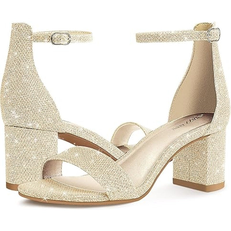 Pizz Annu Womens 6 Gold Glitter Ankle Strap 2" Block Heel Open Toe Sandal Shoes