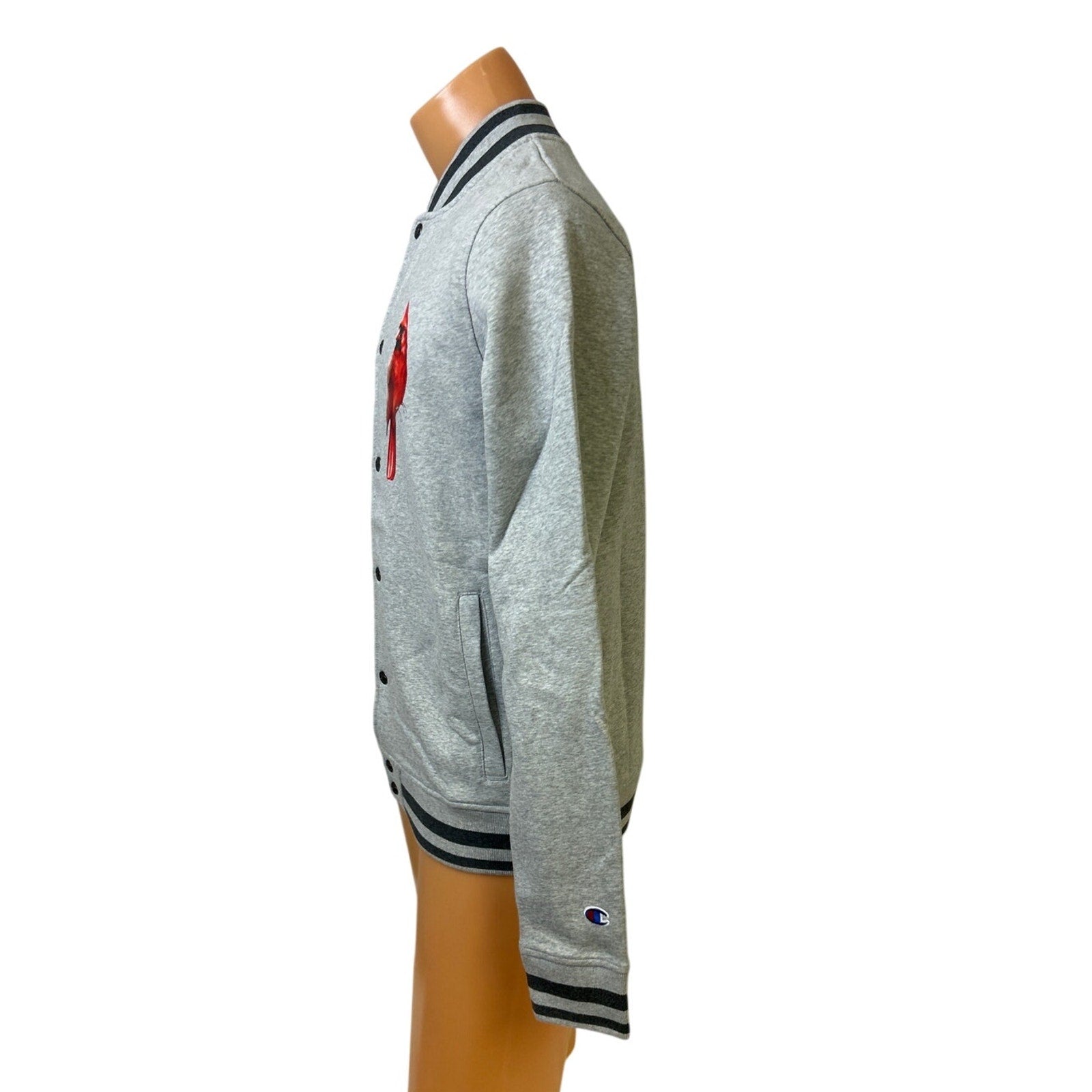 New Champion Mens 3XL Gray Snap Up Hand Printed Cardinal Bird Bomber Jacket