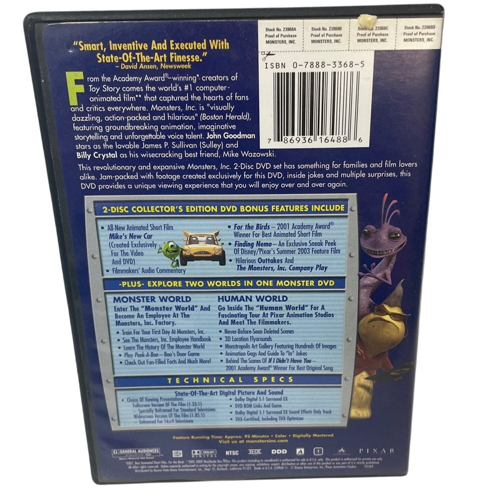 2013 Disney Pixar Monsters Inc Collector's Edition 2-Disc DVD Good Condition