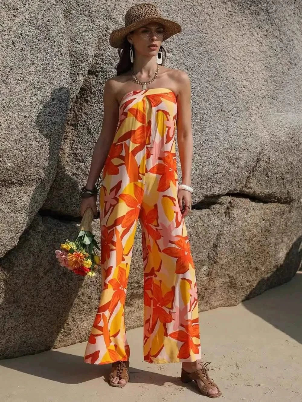 Wide Leg Jumpsuit - Tied Printed Tube