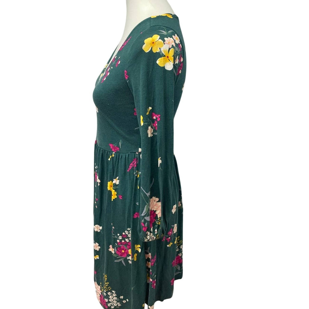 Old Navy XS Long Sleeve Deep V-Neck Rayon Blend Fit & Flare Green Floral Dress