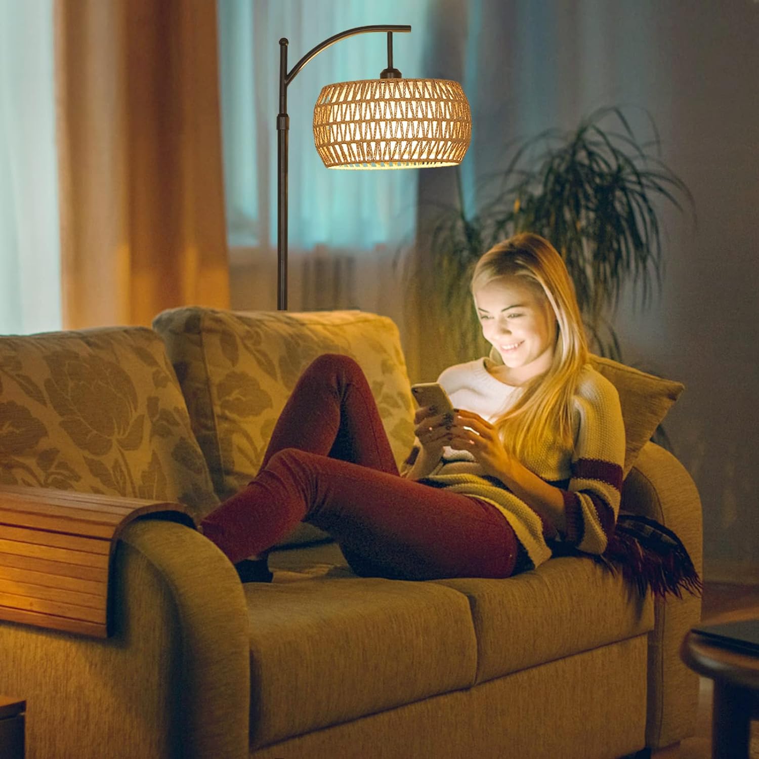 Arc Floor Lamp with Remote Control, Dimmable LED Floor Lamp with 3 Color Temperature Boho Farmhouse Tall Pole Lamp