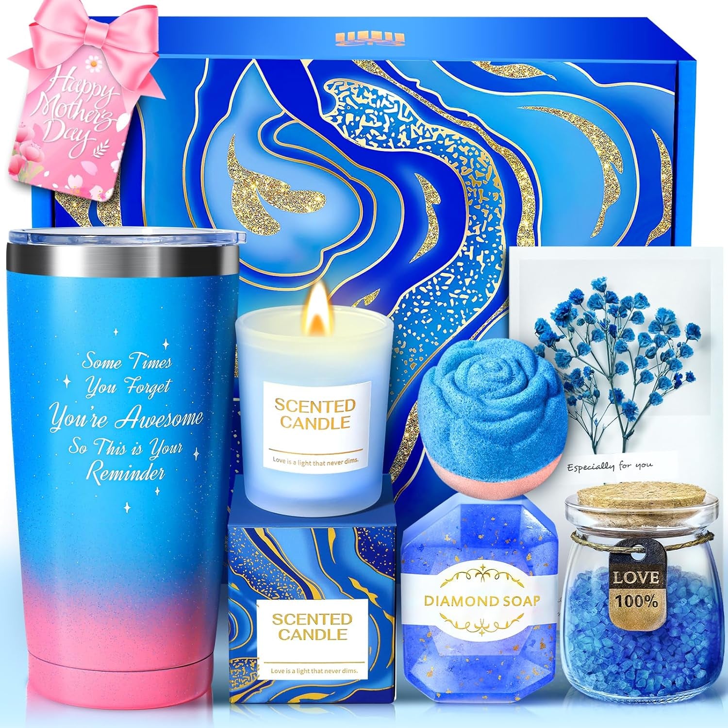 Gifts for Women, Mothers Day Gifts for Mom Sister Girlfriend Grandma Bestie Daughter Her Teacher Appreciation Graduation Gift, Self Care Spa Baskets Set Blue