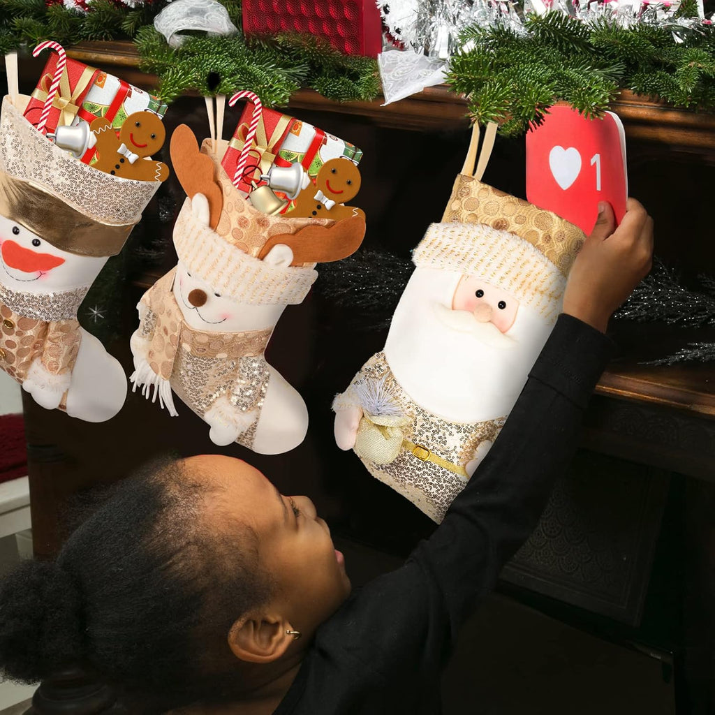 JR.WHITE Christmas Stocking Set, Large Christmas Stocking 18", Gold Sequin Christmas Stocking with Santa, Snowman, Reindeer, Christmas Stocking 3 Pack for Kids, Child, Girls