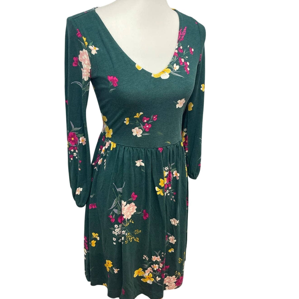 Old Navy XS Long Sleeve Deep V-Neck Rayon Blend Fit & Flare Green Floral Dress