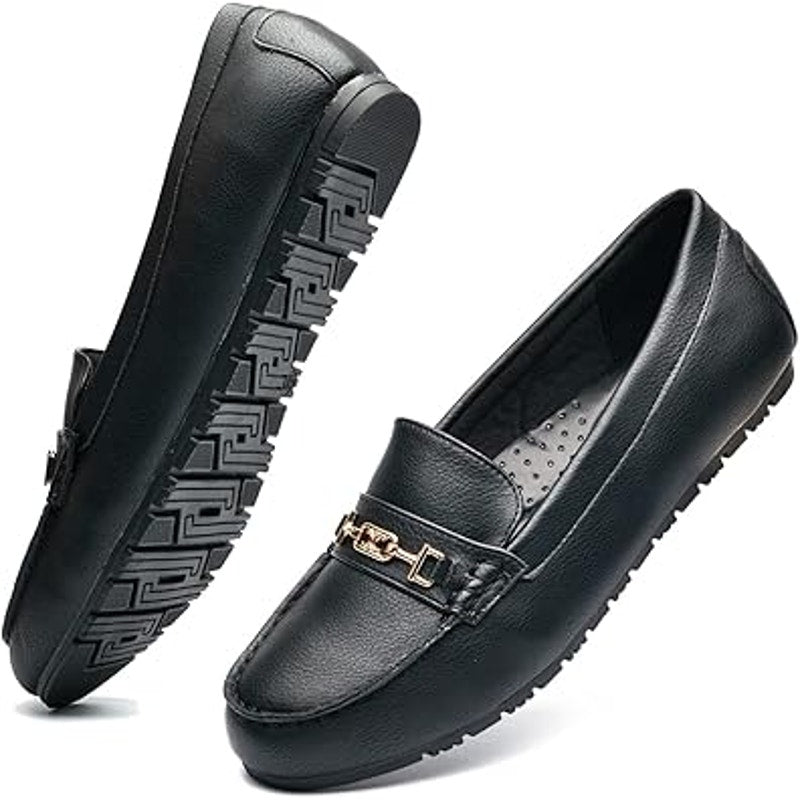 DeYashopin Womens Size 7 Black Faux Leather Gold Buckle Slip On Loafer Shoes