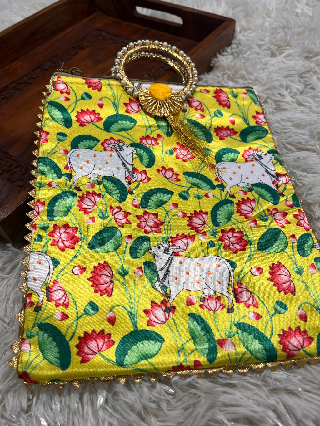 Handmade Yellow Pichwai Cow Print Potli Bag | Indian Ethnic Clutch with Pearl Handle | Festive Wedding Gift