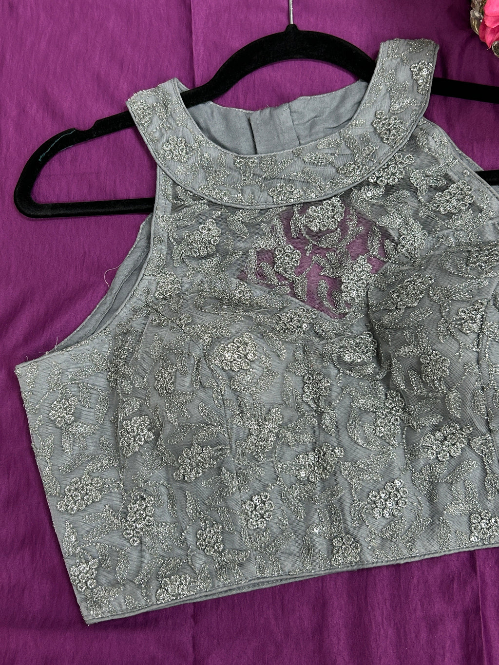 Grey : Halter neck embroidered blouse