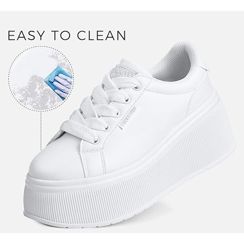 New Lucky Step Womens 8 White Classic Wedge Canvas Platform Fashion Sneakers