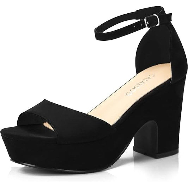 Camsoo Womens 7.5 Black Faux Suede Open Toe 3.75" Block Heel Ankle Strap Shoes