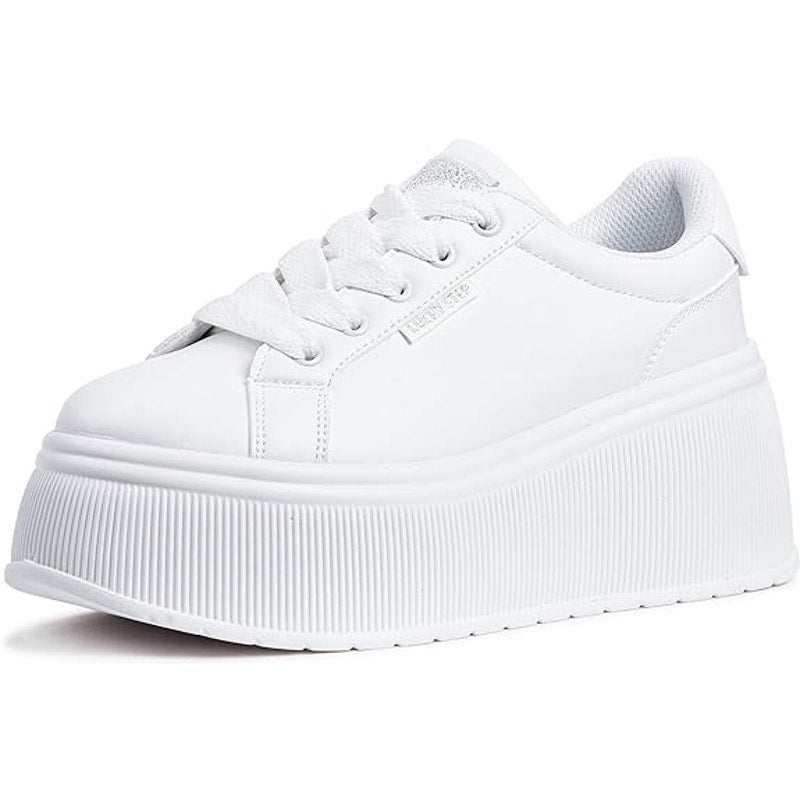 New Lucky Step Womens 8 White Classic Wedge Canvas Platform Fashion Sneakers