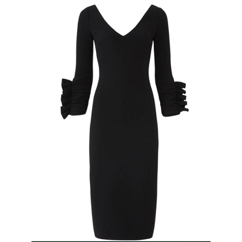Badgley Mischka Size 6 Black Pinch Ruffle 3/4 Sleeve All Occasion Sheath Dress
