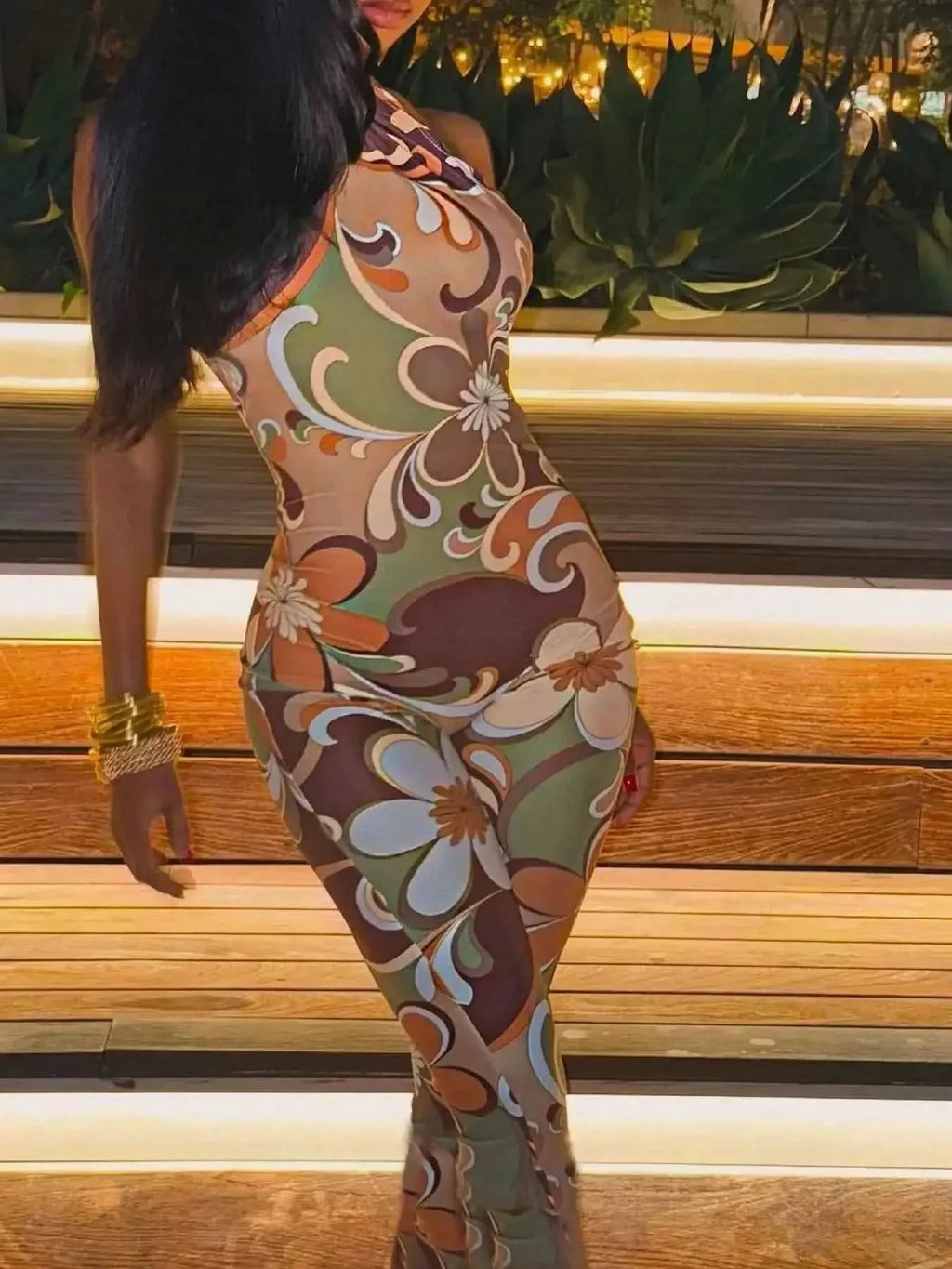 Tropical Print Bodycon Jumpsuit - Halter Neck Style