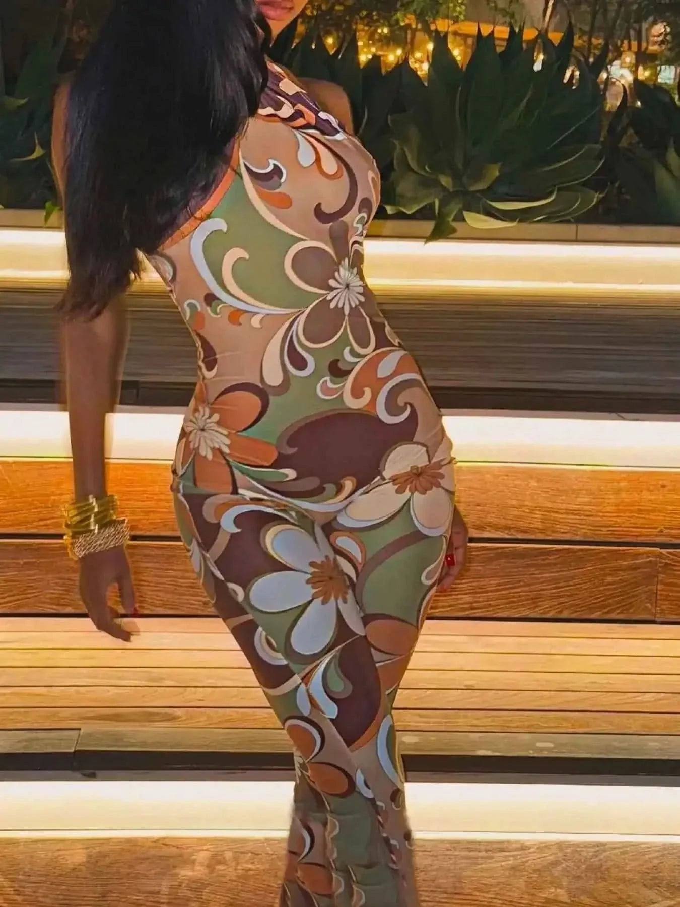 Tropical Print Bodycon Jumpsuit - Halter Neck Style