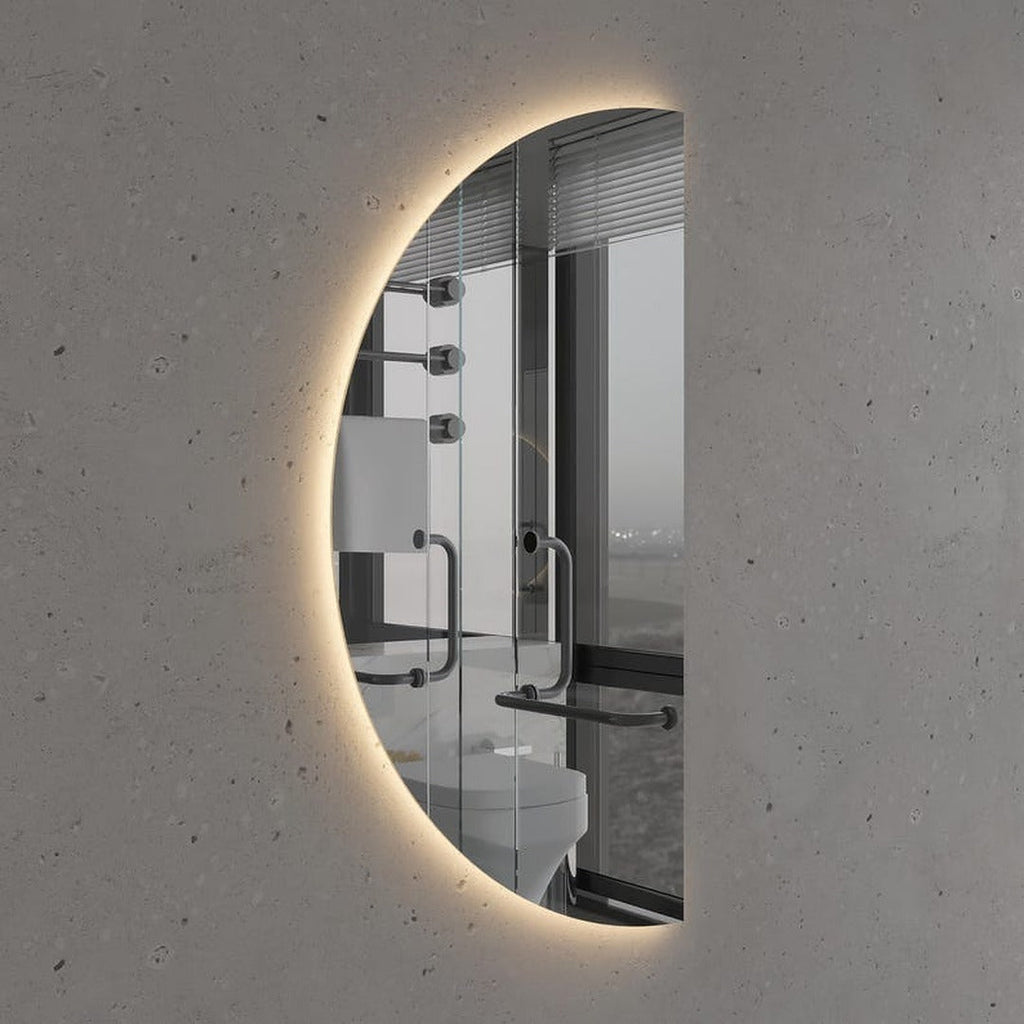 Modern LED Bathroom Mirror – Half Circle Backlit Wall Mirror with Touch Sensor, Designer Lighted Vanity Mirror