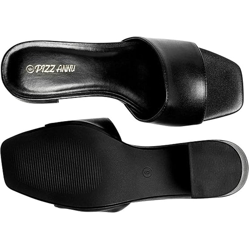 Pizz Annu Womens 8 Black Faux Leather Open Toe Slide On 2.5" Block Heel Shoes