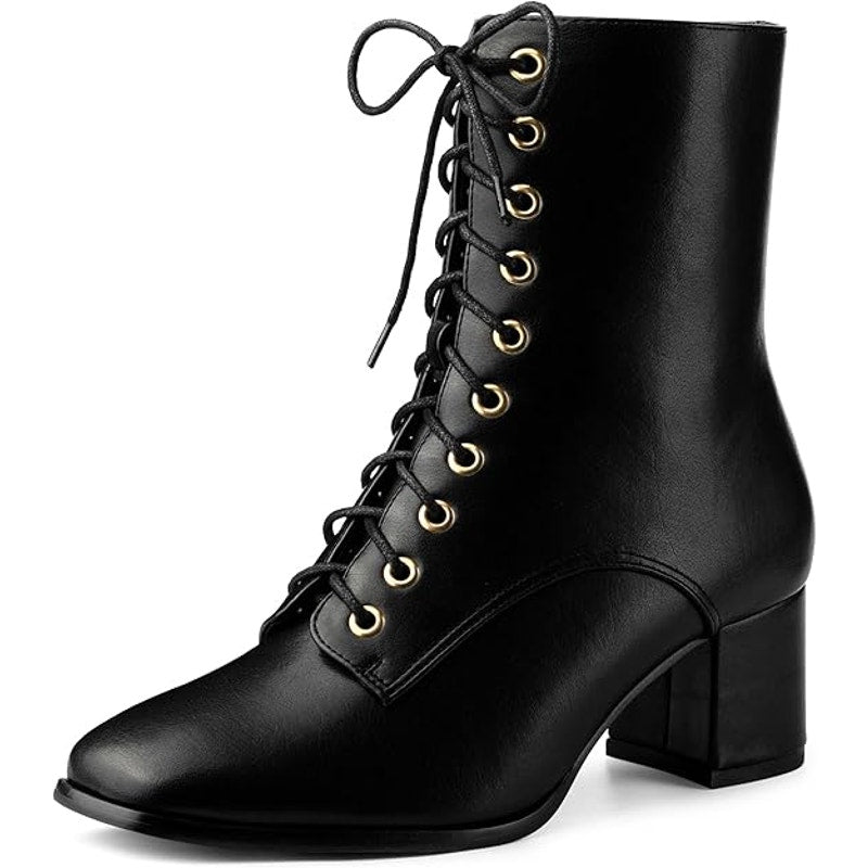 New Allegra K Womens Size 7 Black Faux Leather Lace Up 2.25" Chunky Heel Boots