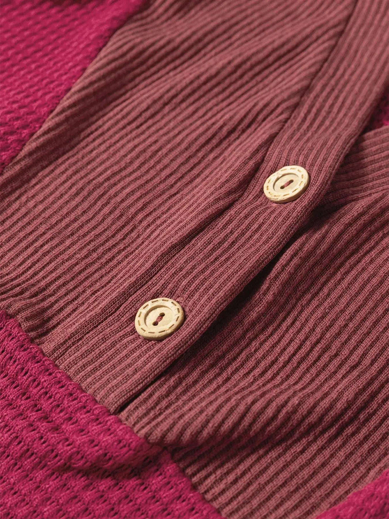 Cozy Contrast Waffle Knit Henley Sweatshirt with Button Detail
