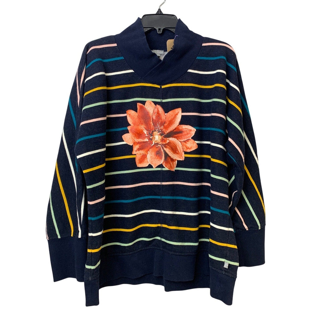 Upcycled Hand Printed Womens Size XL Poinsettia Red Flower Striped Sweatshirt