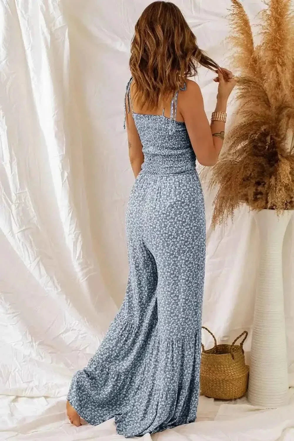 Smocked Printed : Wide Strap Jumpsuit