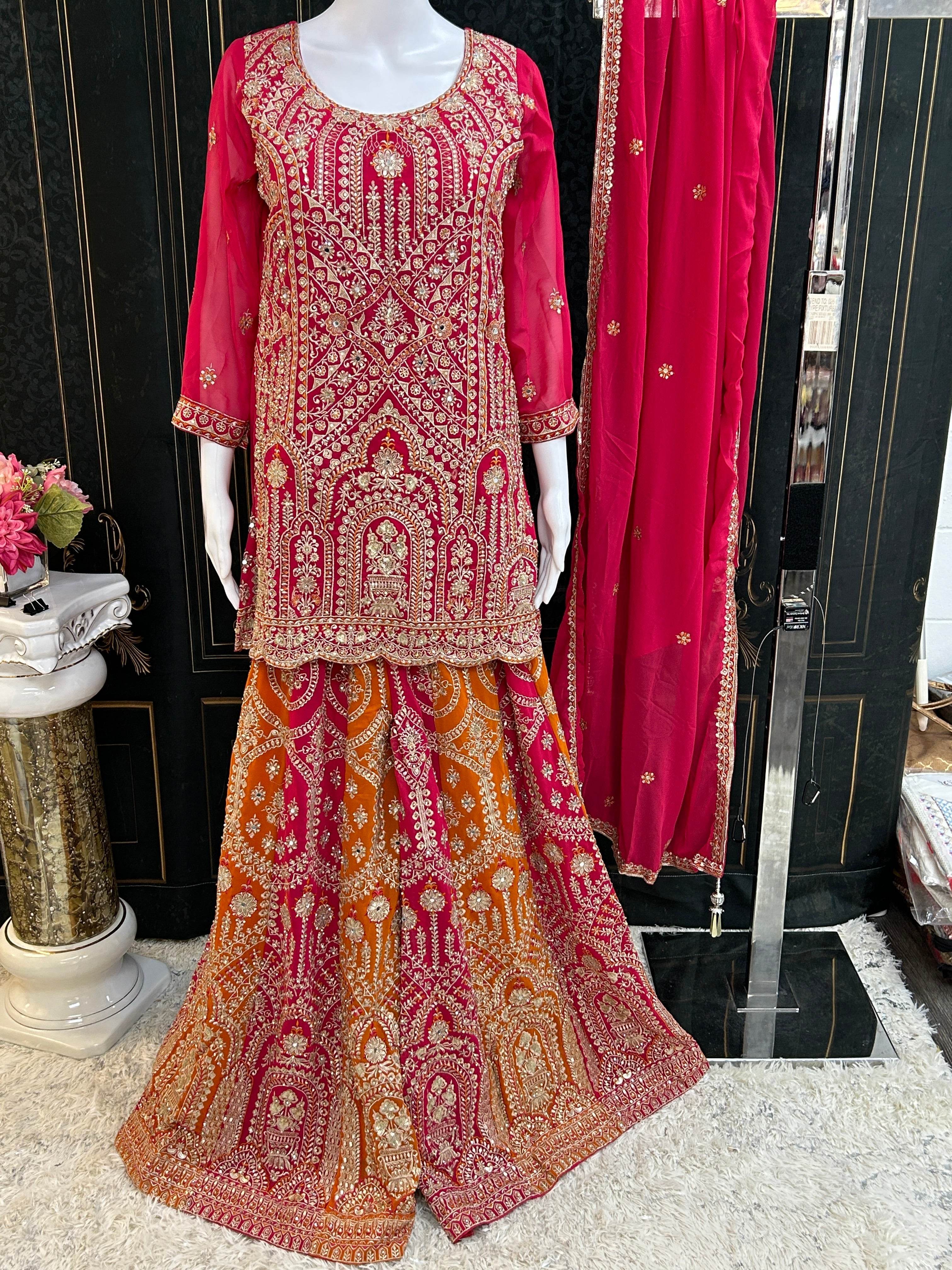 Dark pink sharara suit with heavy work