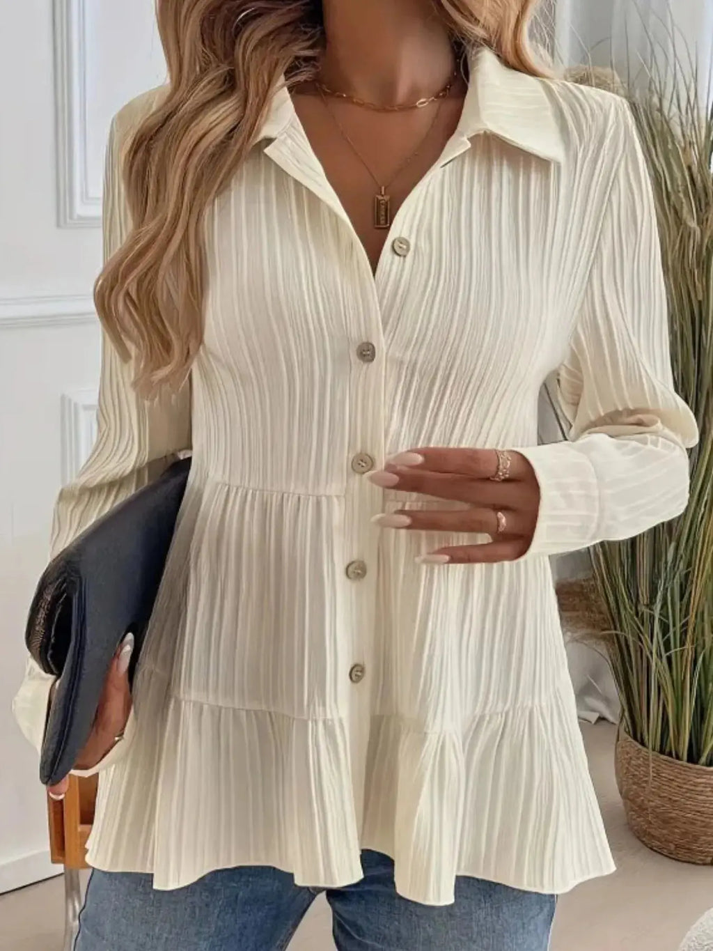 Striped Tiered  Button Down Shirt