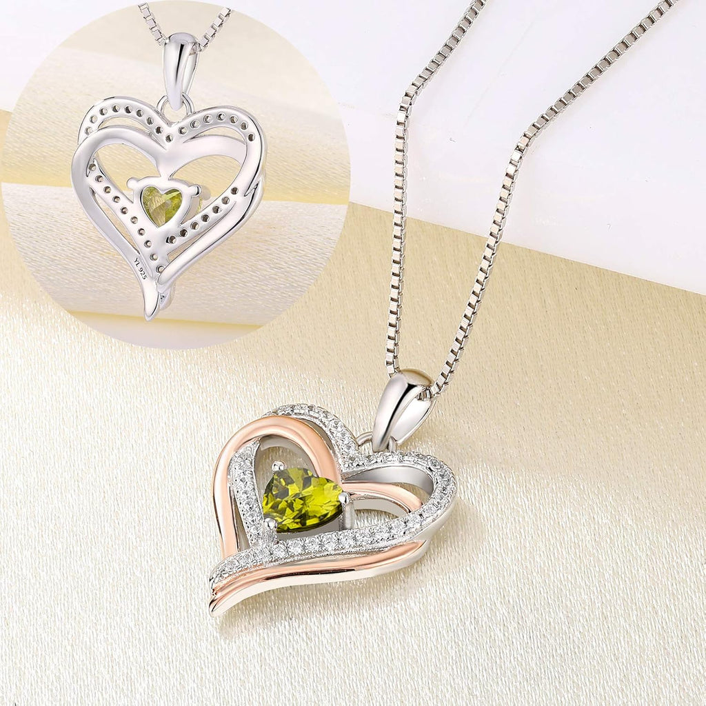 925 Sterling Silver Heart Necklace for Women Double Love Heart Pendant 18K Rose Gold Plated Created Peridot Jewelry for Mom