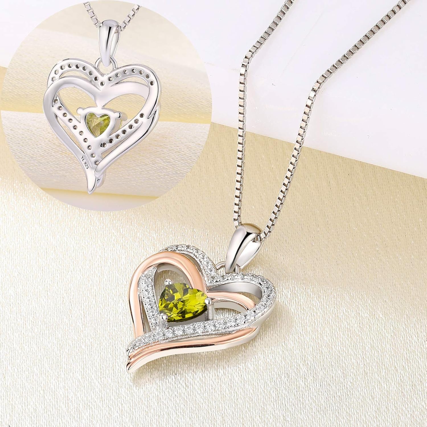 925 Sterling Silver Heart Necklace for Women Double Love Heart Pendant 18K Rose Gold Plated Created Peridot Jewelry for Mom