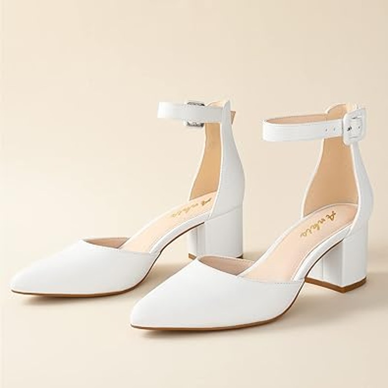 Ankis Womens Size 11 White Faux Leather Closed Toe 2.25" Heel Ankle Strap Shoes