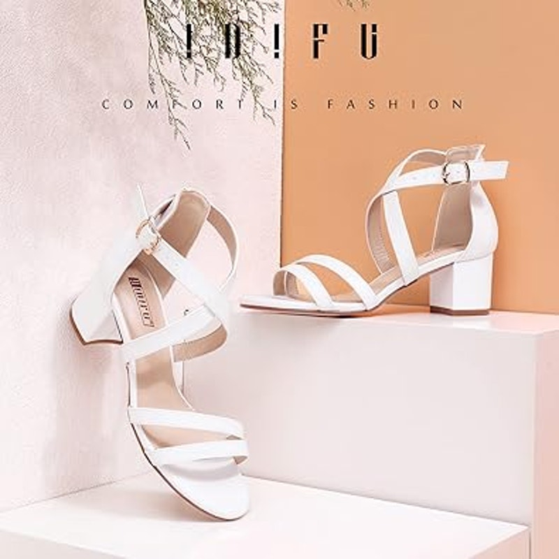 Idifu Womens Size 8 White Faux Leather Open Toe 2" Block Heel Ankle Strap Shoes