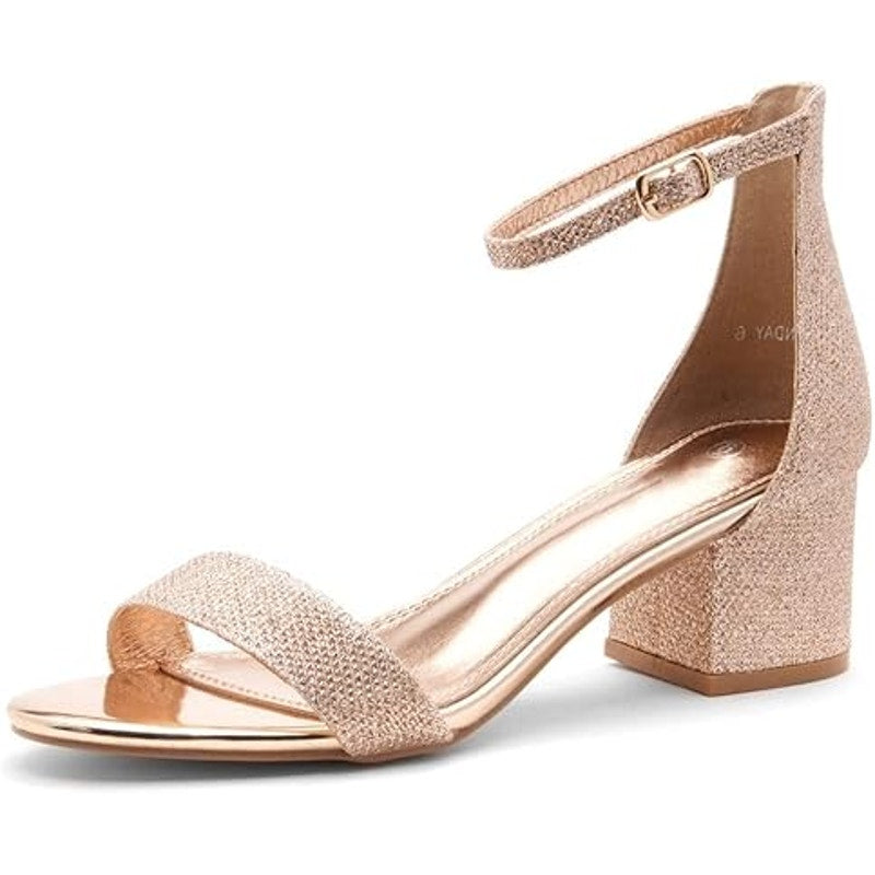 New Herstyle Womens 9 Rose Gold Glitter Open Toe 2.25" Heel Ankle Strap Shoes
