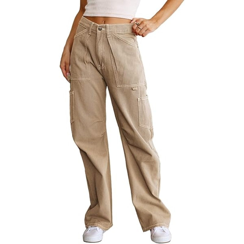 Dokotoo Womens Size 4 Beige Cotton Blend High Waist Wide Leg Baggy Cargo Pants