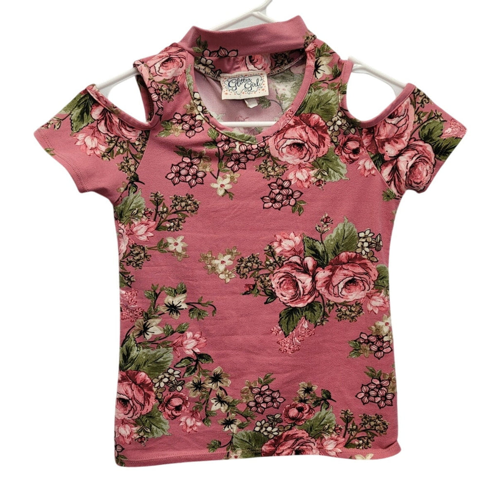 Glitter Girl Girls Size 7/8 PolySpandex Floral Cold Shoulder Key Hole Top