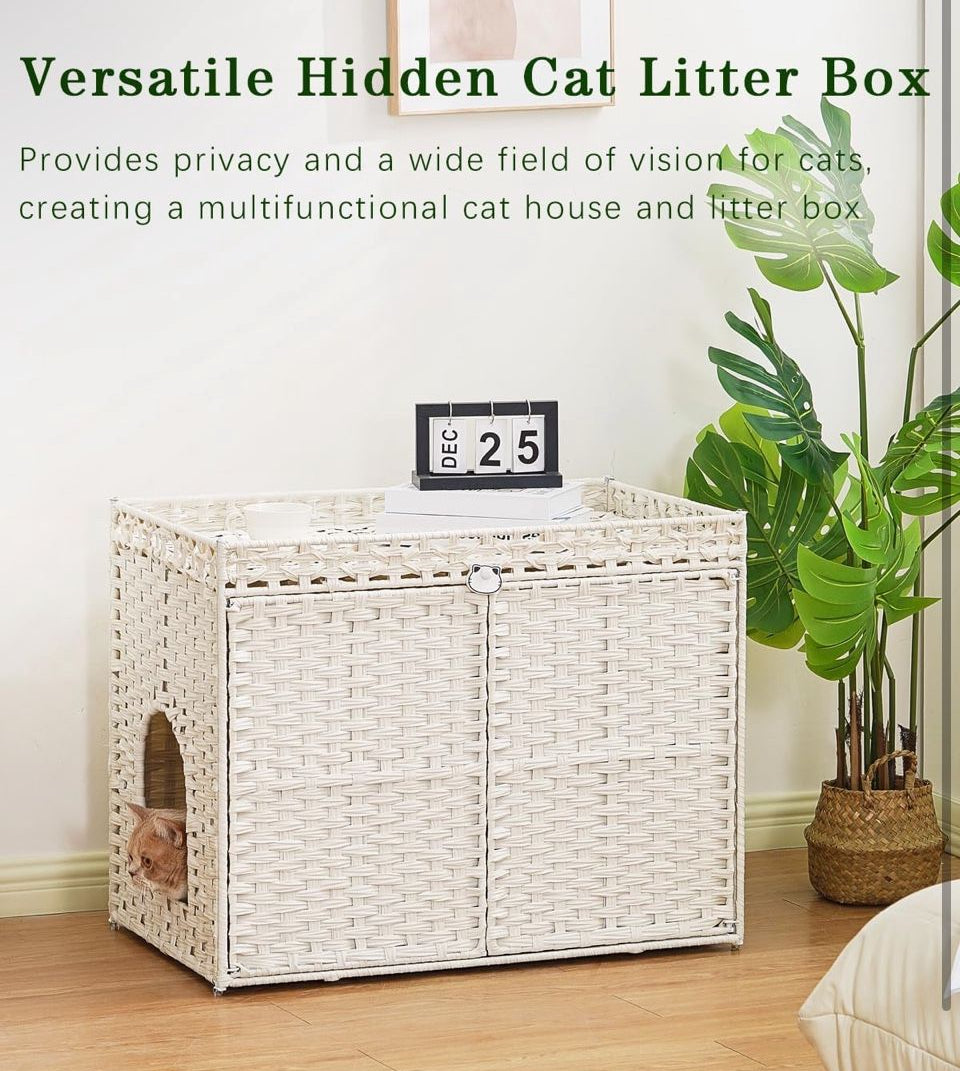 Brand New SETVSON Cat Litter Box Enclosure Furniture, Handwoven Rattan Hidden Litter Box with Mat, Large Space Cat House with
2 S-Shaped Hooks 30.3 x 18.3 x 24.4 Inches, Indoor for Living Room Apartment White
PABLO