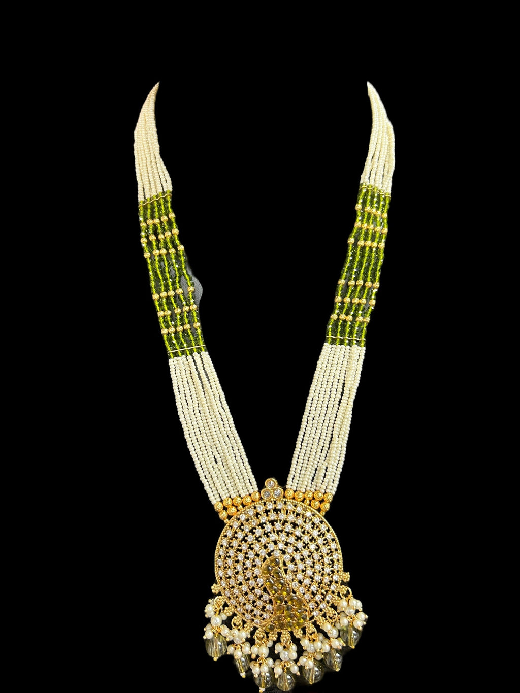 Mehandi color Pearl necklace with peacock pendant