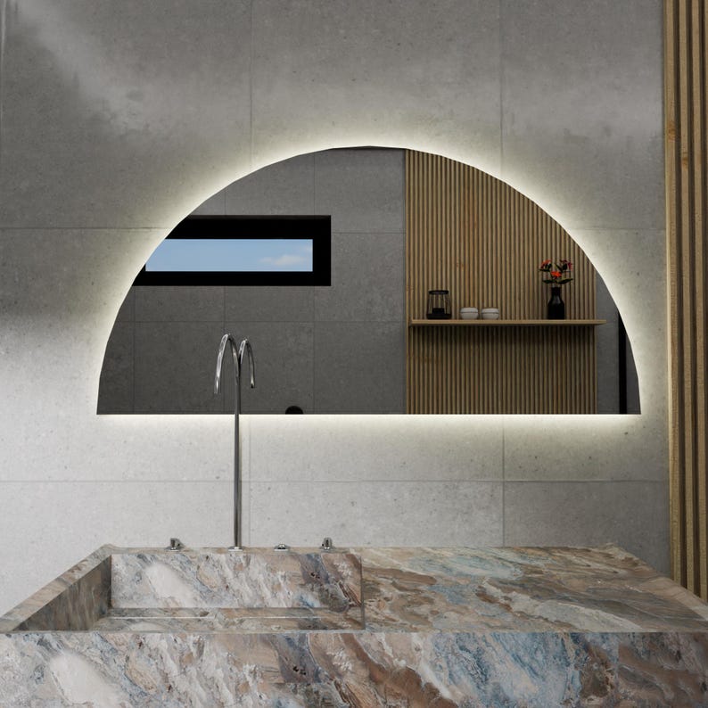 LED Bathroom Mirror with Backlight – Half Arch Modern Vanity Mirror, Dimmable Wall Mirror with Warm & Cold Light