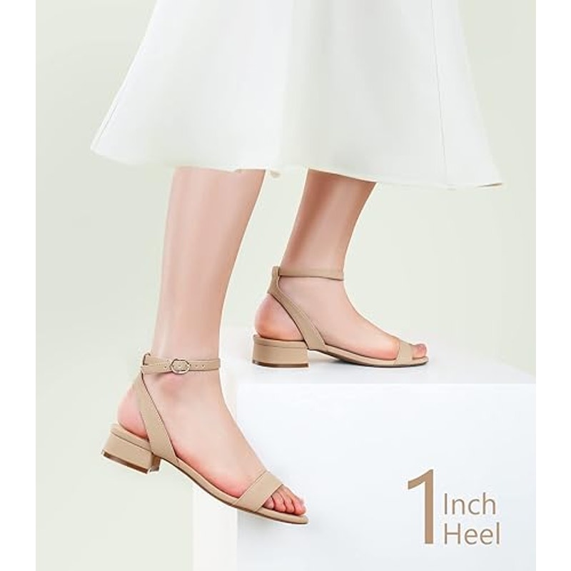 Ankis Womens Size 8 Nude Tan Low 1" Heel Ankle Strap Open Toe Sandals Shoes