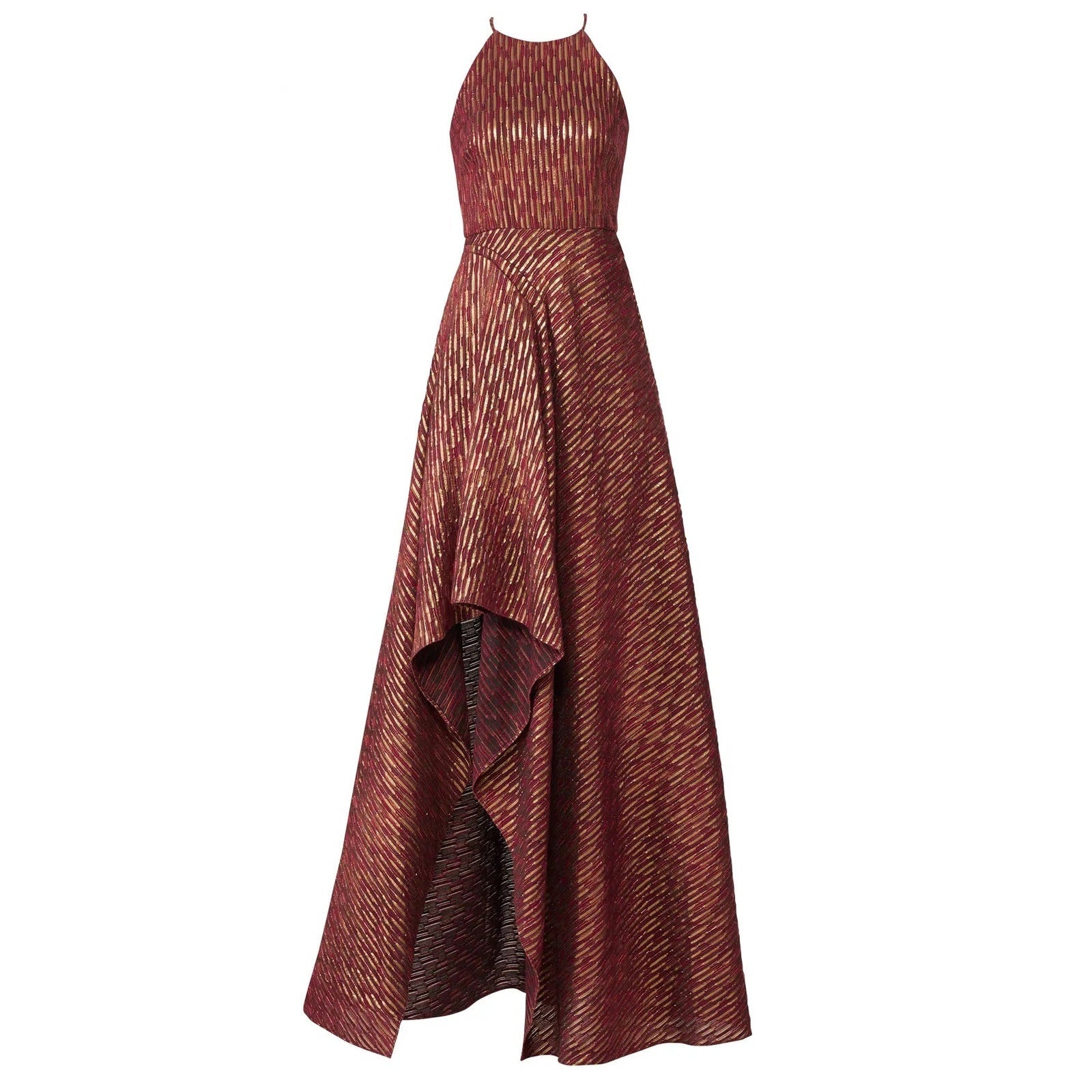 Badgley Mischka Size 10 Ruby Metallic Gold Hi Low Leg Slit Halter Dress Gown