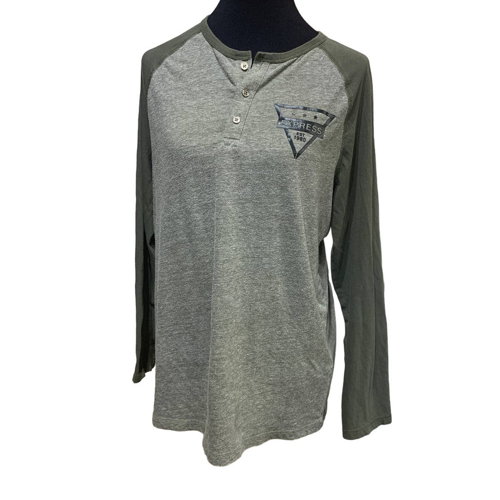 Express Mens Large 1/4 Button Long Sleeve Cotton Blend Baseball Raglan Tee Shirt