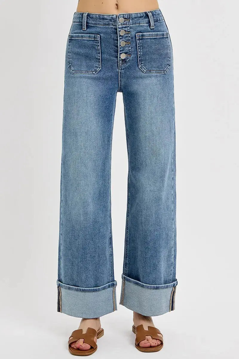 RISEN Jeans - High Rise Ankle Wide Button Patch Pocket Cuffed Jeans