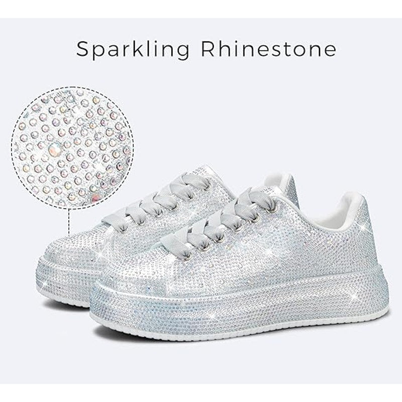 Lucky Step Womens Size 8 Silver Rhinestone Lace Up 1.5" Platform Sneakers Shoes