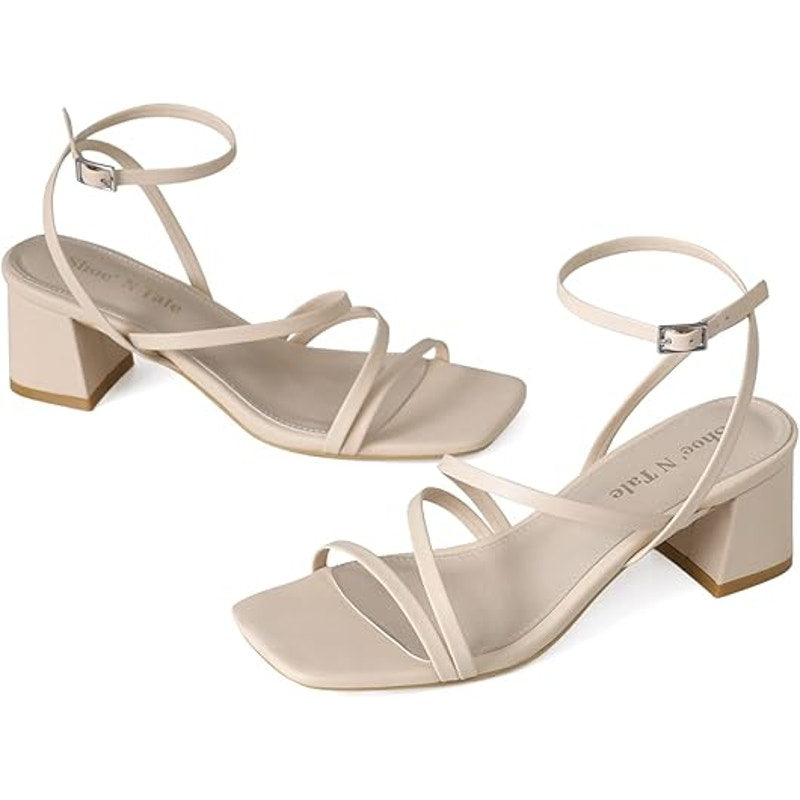 Shoe'N Tale Womens Size 5 Tan Nude 2.5" Heel Open Toe Ankle Strap Sandal Shoes