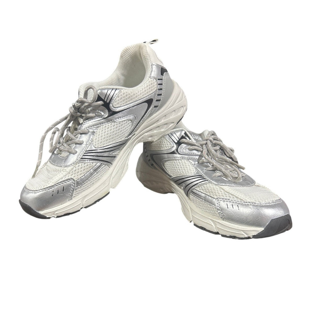 Lucky Step Womens Size 9 White Silver Mesh Lace Up Air Cooled Athletic Shoes