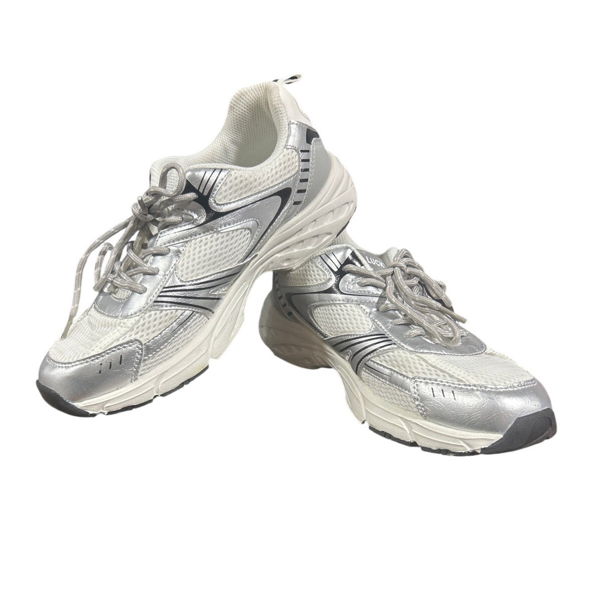 Lucky Step Womens Size 9 White Silver Mesh Lace Up Air Cooled Athletic Shoes
