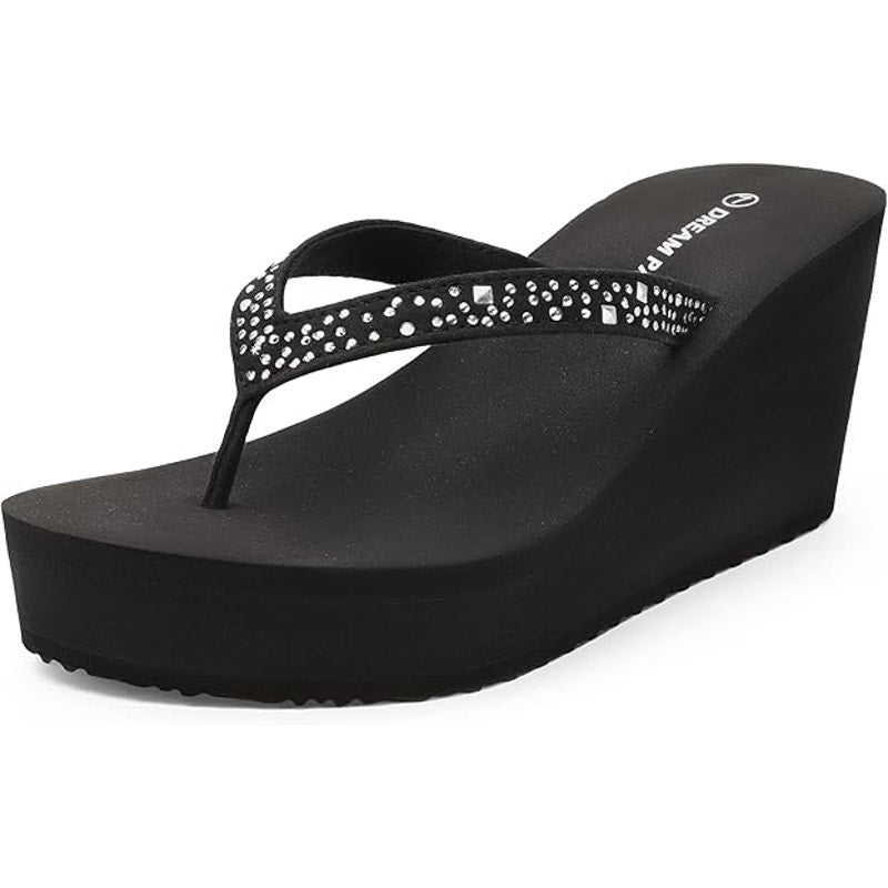 Dream Pairs Womens Size 7 Black Silver Sparkle Platform Flip Flop Sandals Shoes
