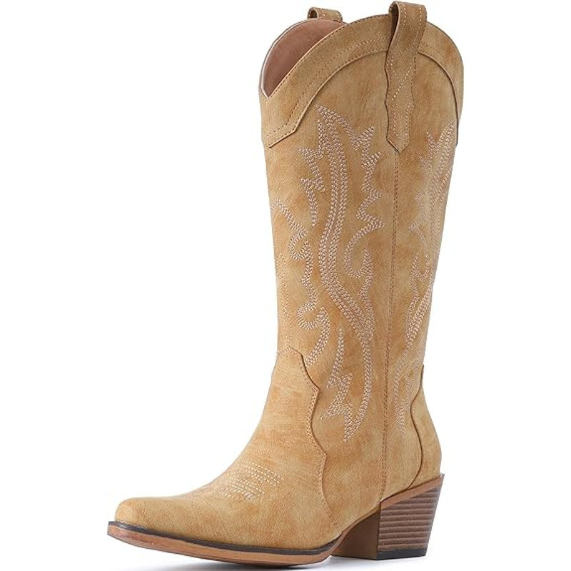 IUV Womens 9.5 Tan 2" Chunky Heel Western Cowgirl Boots Mid Calf Snip Toe Shoes