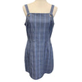 BeBop Womens Large Bib Front Blue Pink Plaid Chinched Waist Sheath Dress