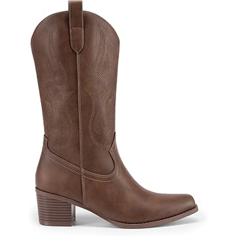 Dream Pairs Womens Size 7.5 Brown 2.5" Chunky Heel Pull On Western Cowboy Boots